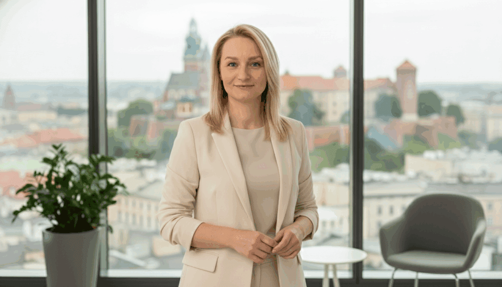 Dlaczego powtarzasz te same błędy co Twoja mama? – mój wywiad w "Lwicach Biznesu" 2 - - Totalna Biologia, Karma Rodowa Profesjonalna kobieta w jasnym stroju na tle dużego okna z widokiem na miasto, promująca kursy, szkolenia i warsztaty z zakresu Totalnej Biologii, Recall Healing i Karma Rodowa.