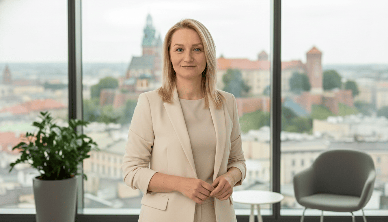 Blog 1 Profesjonalna kobieta w jasnym stroju na tle dużego okna z widokiem na miasto, promująca kursy, szkolenia i warsztaty z zakresu Totalnej Biologii, Recall Healing i Karma Rodowa.